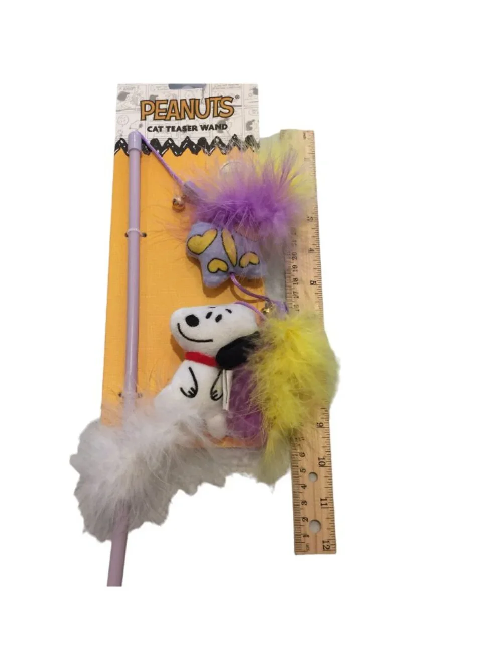 Peanuts Snoopy Cat Teaser Lilac Catnip Wand Feathers Lilac Yellow Bells Butterfl
